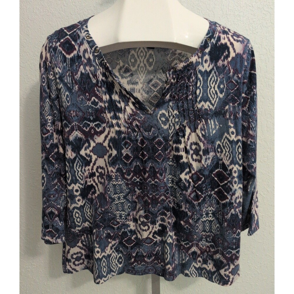 Chaps Blue Purple White Aztec Boho 3/4 Sleeve Popover Henley Top XL Rivet Accent